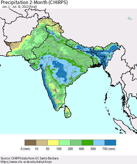 Southern Asia Precipitation 2-Month (CHIRPS) Thematic Map For 6/1/2022 - 7/31/2022