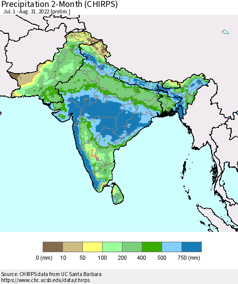 Southern Asia Precipitation 2-Month (CHIRPS) Thematic Map For 7/1/2022 - 8/31/2022