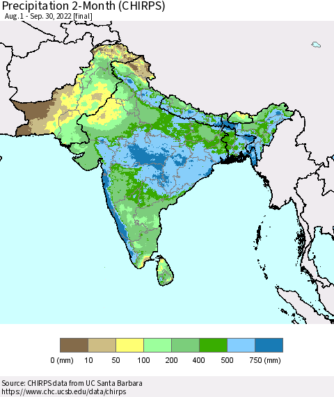 Southern Asia Precipitation 2-Month (CHIRPS) Thematic Map For 8/1/2022 - 9/30/2022