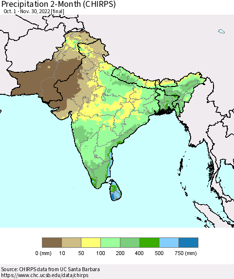Southern Asia Precipitation 2-Month (CHIRPS) Thematic Map For 10/1/2022 - 11/30/2022
