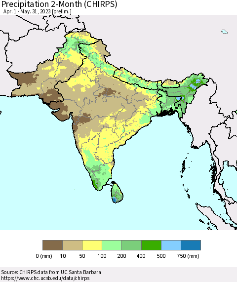 Southern Asia Precipitation 2-Month (CHIRPS) Thematic Map For 4/1/2023 - 5/31/2023