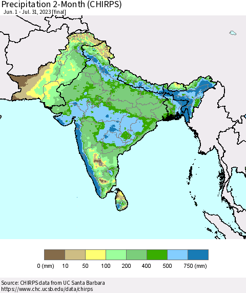 Southern Asia Precipitation 2-Month (CHIRPS) Thematic Map For 6/1/2023 - 7/31/2023