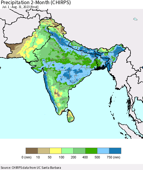 Southern Asia Precipitation 2-Month (CHIRPS) Thematic Map For 7/1/2023 - 8/31/2023