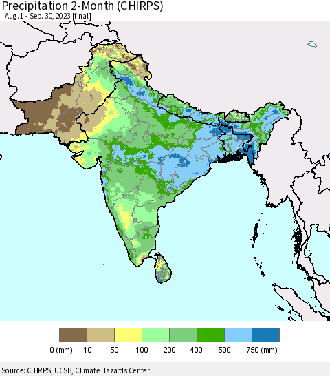 Southern Asia Precipitation 2-Month (CHIRPS) Thematic Map For 8/1/2023 - 9/30/2023