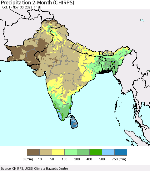 Southern Asia Precipitation 2-Month (CHIRPS) Thematic Map For 10/1/2023 - 11/30/2023