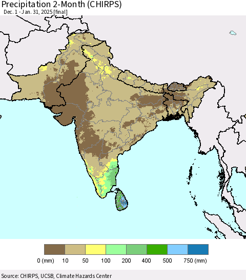 Southern Asia Precipitation 2-Month (CHIRPS) Thematic Map For 12/1/2024 - 1/31/2025
