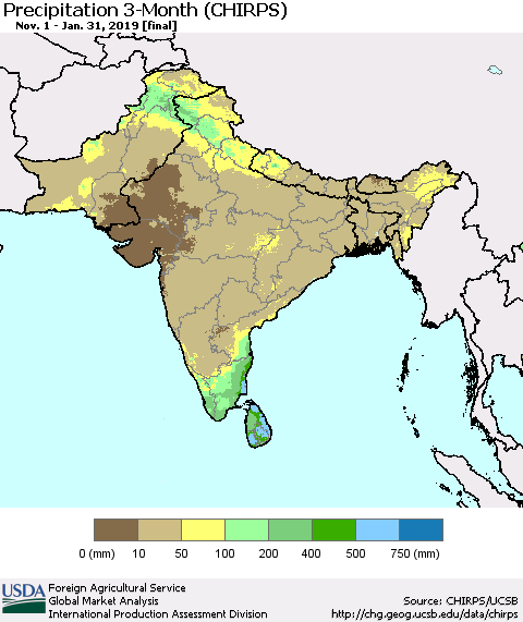 Southern Asia Precipitation 3-Month (CHIRPS) Thematic Map For 11/1/2018 - 1/31/2019
