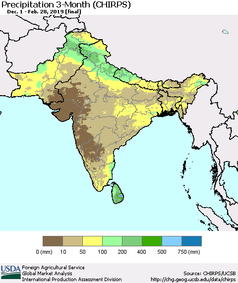 Southern Asia Precipitation 3-Month (CHIRPS) Thematic Map For 12/1/2018 - 2/28/2019