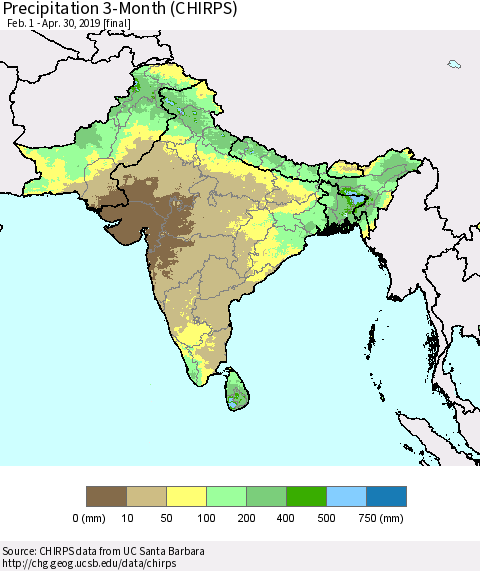 Southern Asia Precipitation 3-Month (CHIRPS) Thematic Map For 2/1/2019 - 4/30/2019
