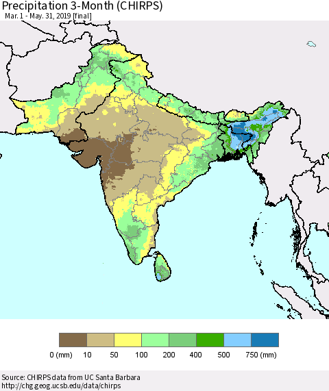 Southern Asia Precipitation 3-Month (CHIRPS) Thematic Map For 3/1/2019 - 5/31/2019