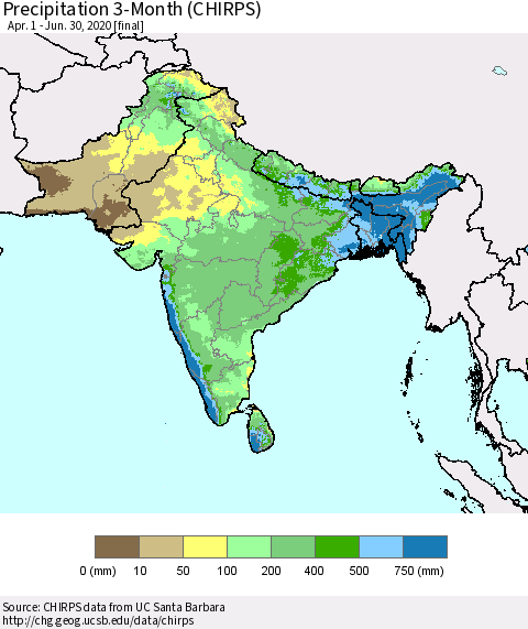 Southern Asia Precipitation 3-Month (CHIRPS) Thematic Map For 4/1/2020 - 6/30/2020