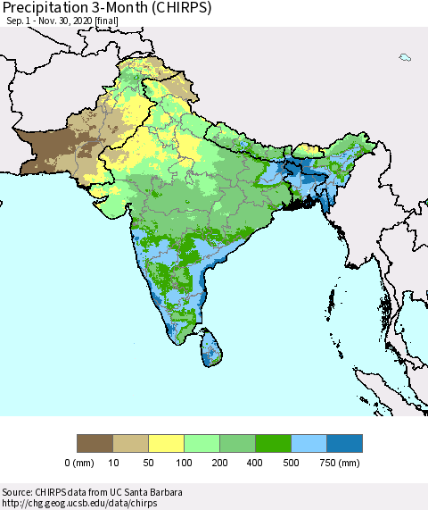Southern Asia Precipitation 3-Month (CHIRPS) Thematic Map For 9/1/2020 - 11/30/2020