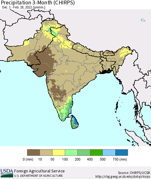 Southern Asia Precipitation 3-Month (CHIRPS) Thematic Map For 12/1/2020 - 2/28/2021