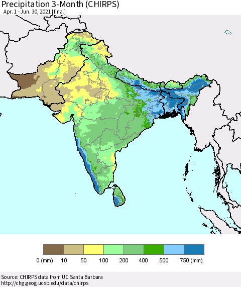 Southern Asia Precipitation 3-Month (CHIRPS) Thematic Map For 4/1/2021 - 6/30/2021