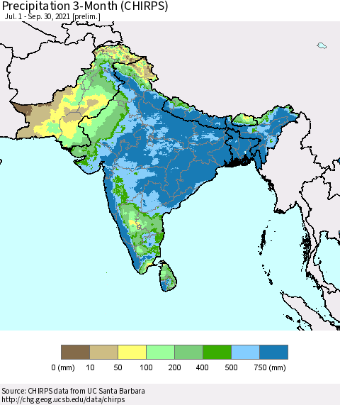 Southern Asia Precipitation 3-Month (CHIRPS) Thematic Map For 7/1/2021 - 9/30/2021