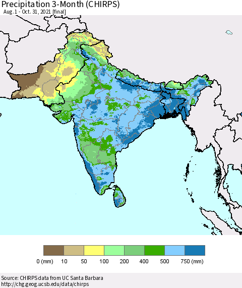 Southern Asia Precipitation 3-Month (CHIRPS) Thematic Map For 8/1/2021 - 10/31/2021