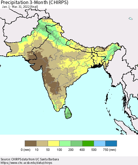 Southern Asia Precipitation 3-Month (CHIRPS) Thematic Map For 1/1/2022 - 3/31/2022