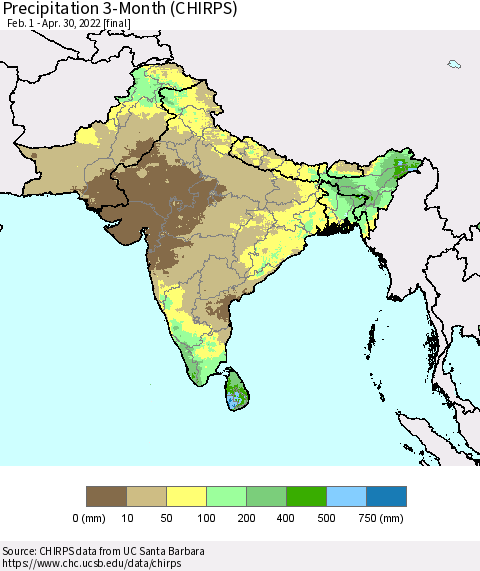 Southern Asia Precipitation 3-Month (CHIRPS) Thematic Map For 2/1/2022 - 4/30/2022