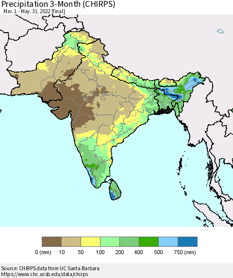 Southern Asia Precipitation 3-Month (CHIRPS) Thematic Map For 3/1/2022 - 5/31/2022
