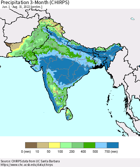Southern Asia Precipitation 3-Month (CHIRPS) Thematic Map For 6/1/2022 - 8/31/2022