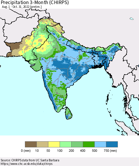 Southern Asia Precipitation 3-Month (CHIRPS) Thematic Map For 8/1/2022 - 10/31/2022