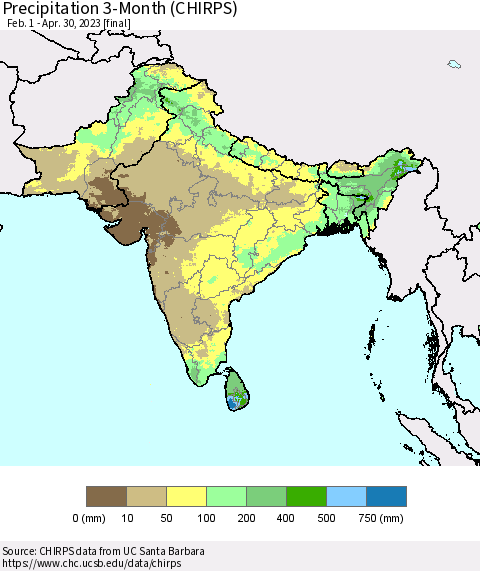 Southern Asia Precipitation 3-Month (CHIRPS) Thematic Map For 2/1/2023 - 4/30/2023