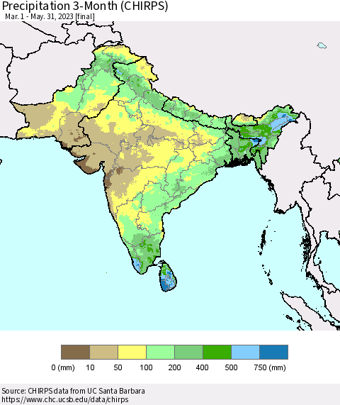 Southern Asia Precipitation 3-Month (CHIRPS) Thematic Map For 3/1/2023 - 5/31/2023