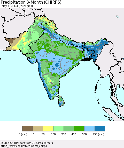 Southern Asia Precipitation 3-Month (CHIRPS) Thematic Map For 5/1/2023 - 7/31/2023
