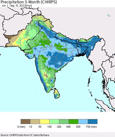 Southern Asia Precipitation 3-Month (CHIRPS) Thematic Map For 6/1/2023 - 8/31/2023
