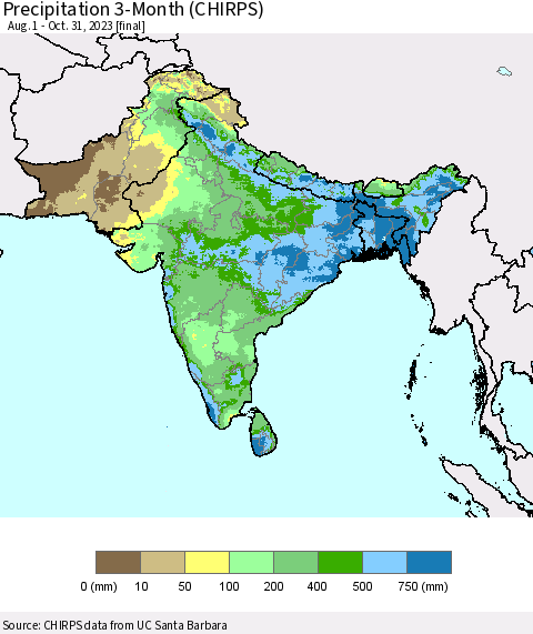 Southern Asia Precipitation 3-Month (CHIRPS) Thematic Map For 8/1/2023 - 10/31/2023