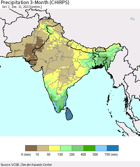 Southern Asia Precipitation 3-Month (CHIRPS) Thematic Map For 10/1/2023 - 12/31/2023
