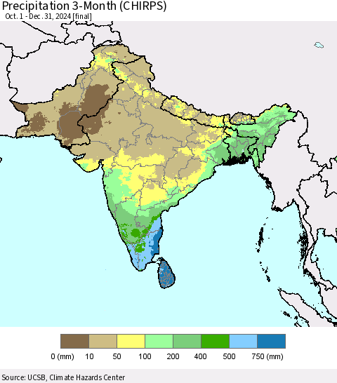 Southern Asia Precipitation 3-Month (CHIRPS) Thematic Map For 10/1/2024 - 12/31/2024