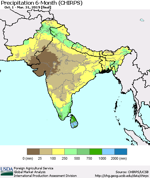 Southern Asia Precipitation 6-Month (CHIRPS) Thematic Map For 10/1/2018 - 3/31/2019
