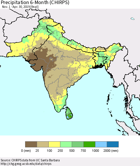 Southern Asia Precipitation 6-Month (CHIRPS) Thematic Map For 11/1/2018 - 4/30/2019