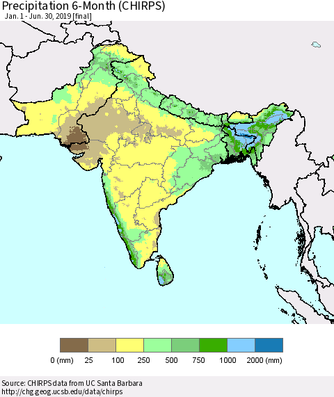 Southern Asia Precipitation 6-Month (CHIRPS) Thematic Map For 1/1/2019 - 6/30/2019