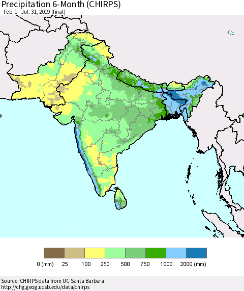 Southern Asia Precipitation 6-Month (CHIRPS) Thematic Map For 2/1/2019 - 7/31/2019