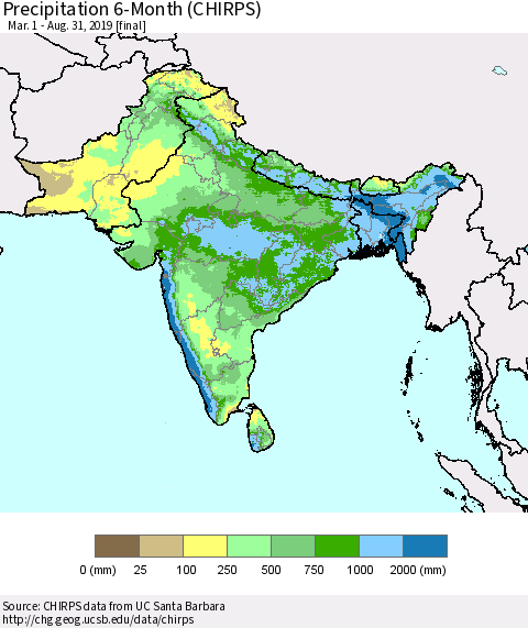 Southern Asia Precipitation 6-Month (CHIRPS) Thematic Map For 3/1/2019 - 8/31/2019