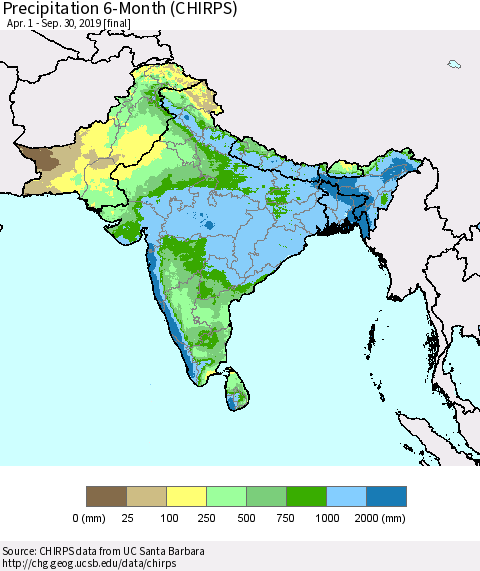 Southern Asia Precipitation 6-Month (CHIRPS) Thematic Map For 4/1/2019 - 9/30/2019