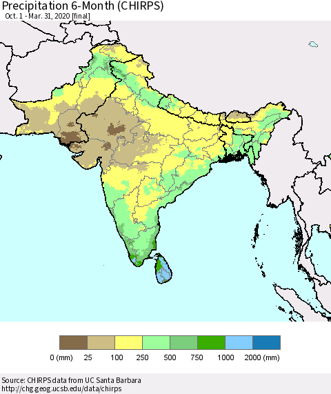 Southern Asia Precipitation 6-Month (CHIRPS) Thematic Map For 10/1/2019 - 3/31/2020