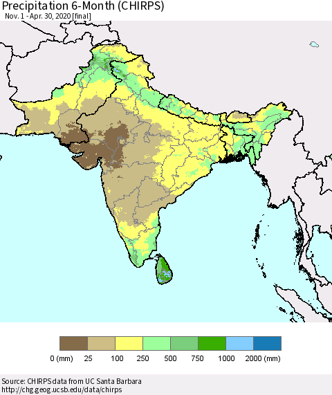 Southern Asia Precipitation 6-Month (CHIRPS) Thematic Map For 11/1/2019 - 4/30/2020
