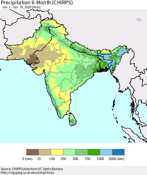 Southern Asia Precipitation 6-Month (CHIRPS) Thematic Map For 1/1/2020 - 6/30/2020