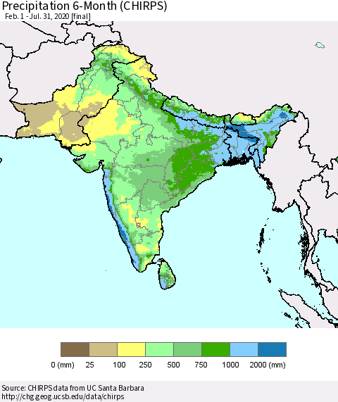 Southern Asia Precipitation 6-Month (CHIRPS) Thematic Map For 2/1/2020 - 7/31/2020