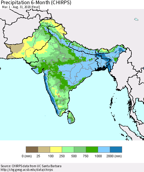 Southern Asia Precipitation 6-Month (CHIRPS) Thematic Map For 3/1/2020 - 8/31/2020