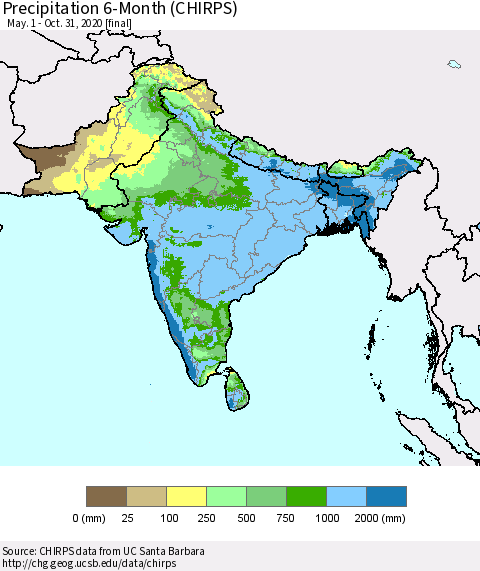 Southern Asia Precipitation 6-Month (CHIRPS) Thematic Map For 5/1/2020 - 10/31/2020