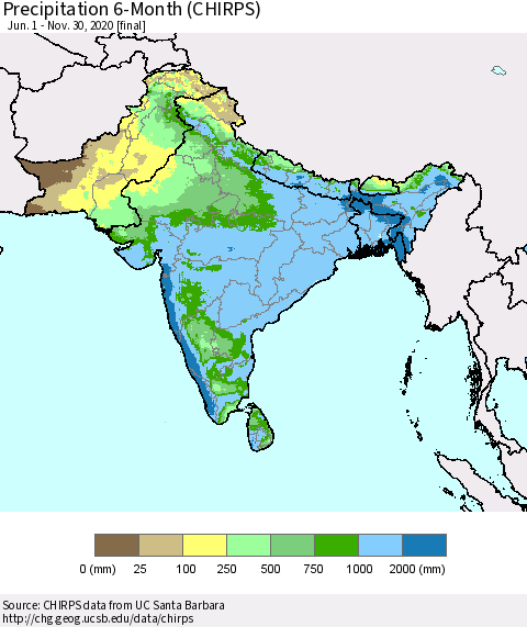 Southern Asia Precipitation 6-Month (CHIRPS) Thematic Map For 6/1/2020 - 11/30/2020