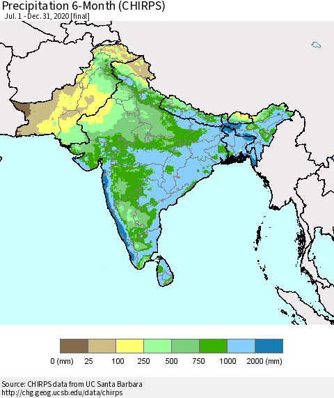 Southern Asia Precipitation 6-Month (CHIRPS) Thematic Map For 7/1/2020 - 12/31/2020