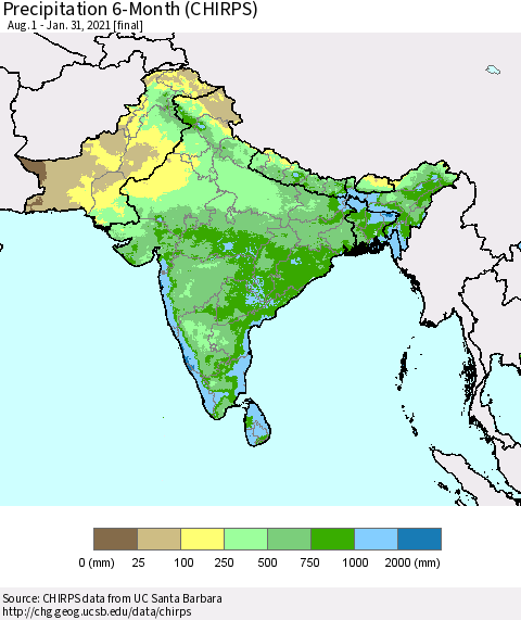Southern Asia Precipitation 6-Month (CHIRPS) Thematic Map For 8/1/2020 - 1/31/2021