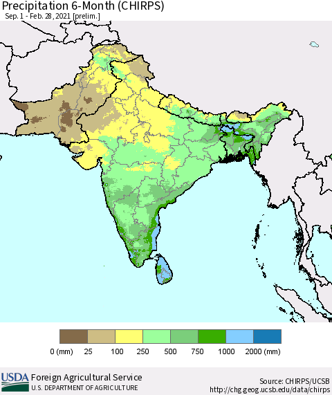 Southern Asia Precipitation 6-Month (CHIRPS) Thematic Map For 9/1/2020 - 2/28/2021