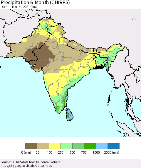 Southern Asia Precipitation 6-Month (CHIRPS) Thematic Map For 10/1/2020 - 3/31/2021