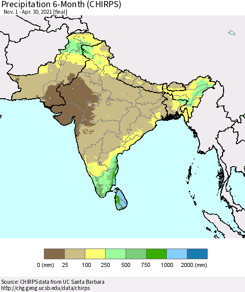 Southern Asia Precipitation 6-Month (CHIRPS) Thematic Map For 11/1/2020 - 4/30/2021